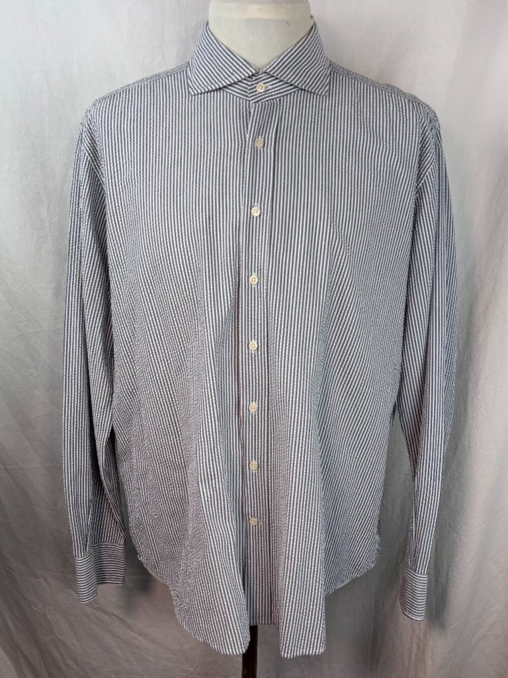 Suitsupply Egyptian Cotton Seersucker Shirt Mens 18 46 Slim Fit Blue Stripe